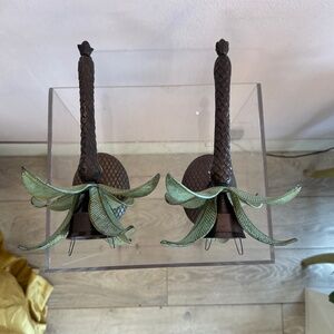 Two Metal Tropical Palm Tree Wall Sconce Candle Holders